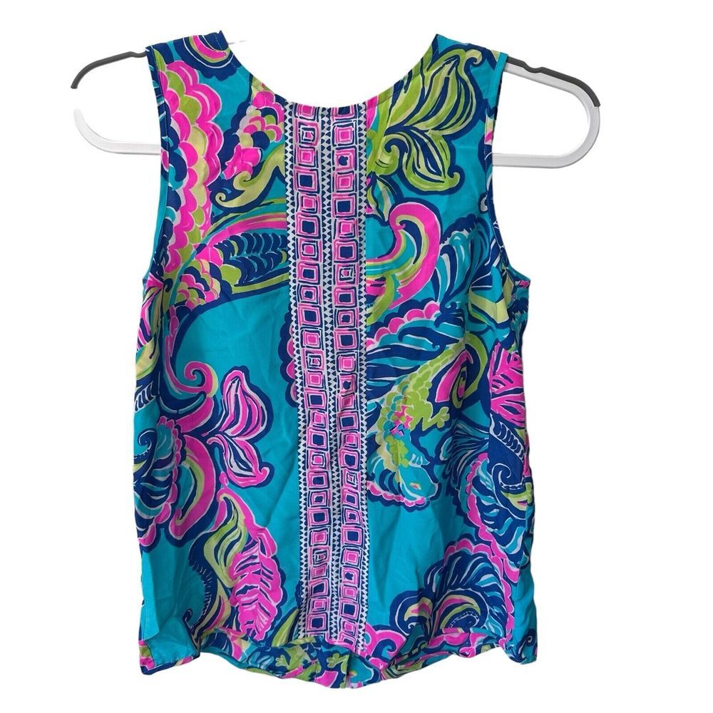 Lilly Pulitzer Womens XS Iona Shell Sea Blue Private Island Engineered Silk Top